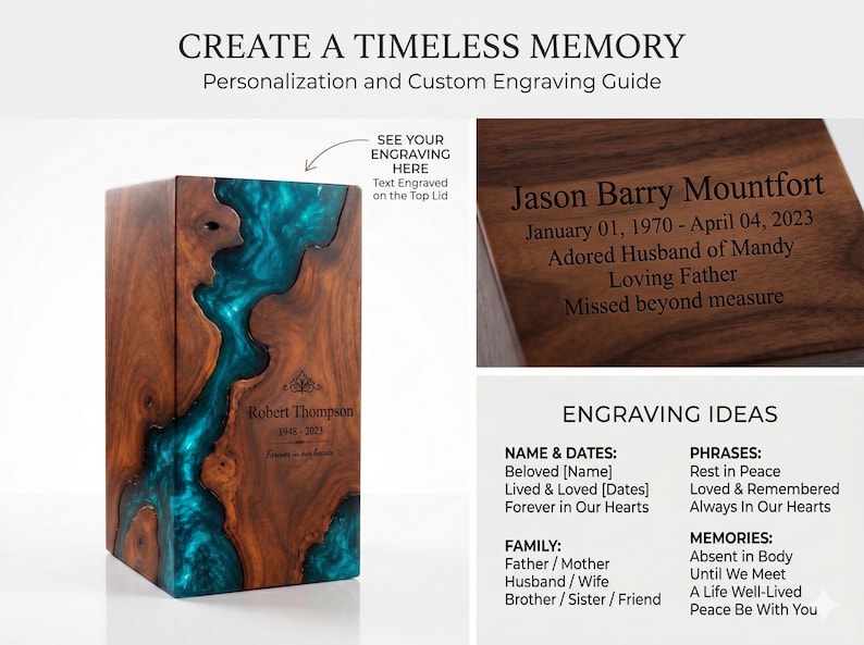 May include: A rectangular wooden cremation urn featuring a natural wood grain and a central river-like inlay of translucent teal resin. The front is engraved with the name Robert Thompson and dates 1948-2023. Includes a guide for custom engraving.