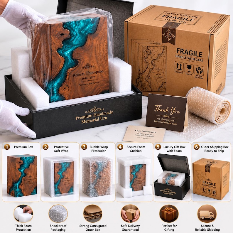 May include: A rectangular wooden memorial urn featuring a vibrant turquoise resin river inlay. The front is engraved with the name Robert Thompson, the dates 1948-2023, and the text Forever in our hearts. It is packaged in a black box with foam.