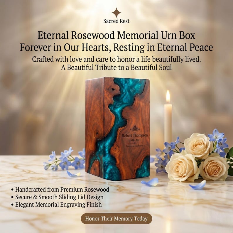 May include: A rectangular rosewood memorial urn box featuring a central river-like inlay of translucent teal resin. The front is engraved with the text Robert Thompson 1948-2023. The urn is displayed alongside a lit candle and cream-colored roses.
