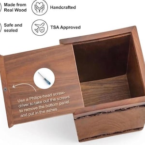 May include: A brown wooden cremation urn with a sliding bottom panel. The panel features text instructions to use a Phillips-head screwdriver to remove screws for access. Icons indicate the item is made from real wood, handcrafted, and TSA approved.