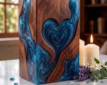 Personalized Wooden Urn for Human Ashes | Blue Heart Resin Memorial Urn Box | Handmade Keepsake Cremation Urn, Custom Engraved Funeral Gift