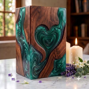 May include: A rectangular wooden urn featuring a swirling, marbled emerald green resin inlay that forms a prominent heart shape in the center. The dark brown wood grain contrasts with the glossy, metallic green resin, creating a smooth, polished surface.