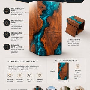 May include: A rectangular memorial urn made of natural wood and blue resin, featuring the engraved text Robert Thompson 1948-2023. The urn measures 14 inches in height and 7.5 inches in width, with a capacity of 542 cubic inches and a threaded bottom.
