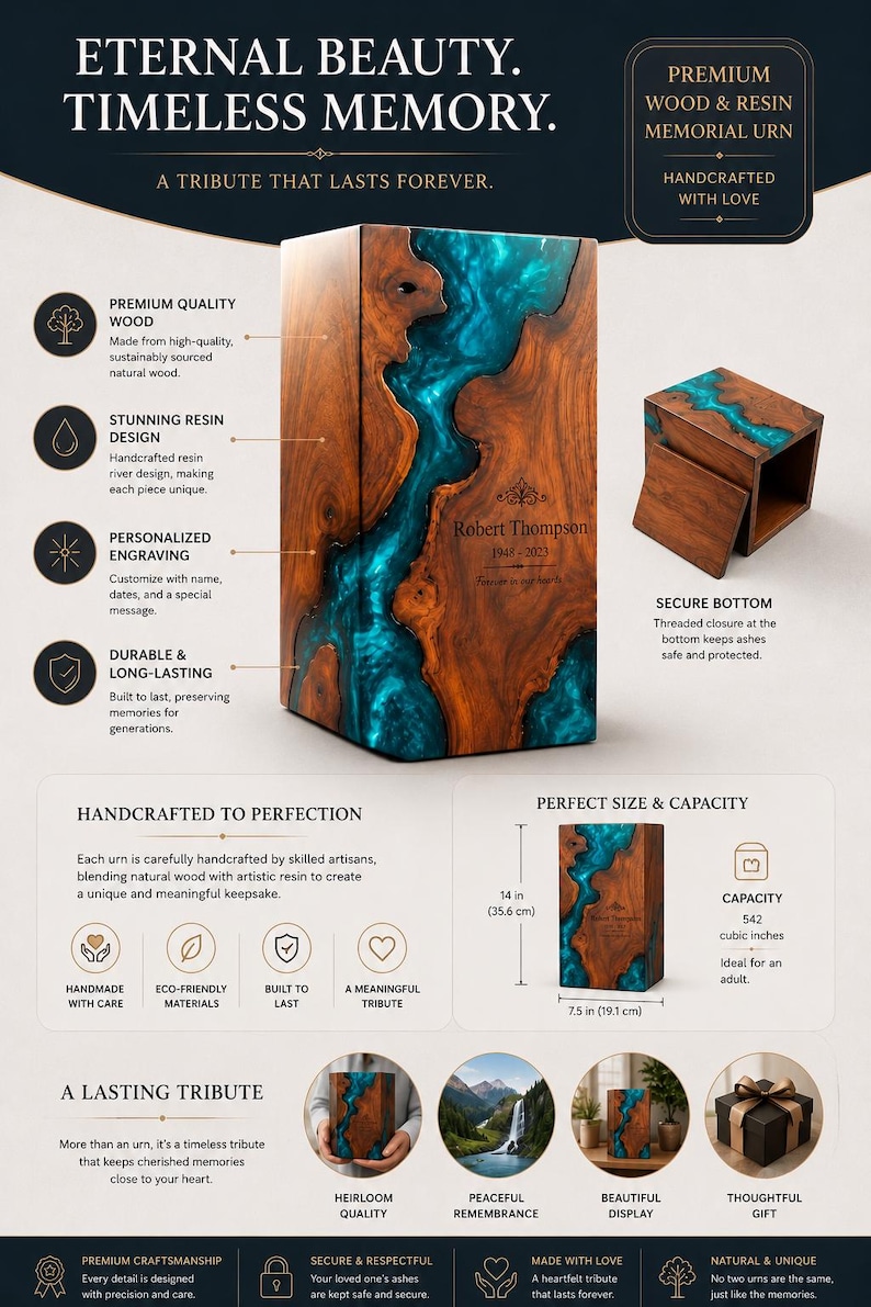 May include: A rectangular memorial urn made of natural wood and blue resin, featuring the engraved text Robert Thompson 1948-2023. The urn measures 14 inches in height and 7.5 inches in width, with a capacity of 542 cubic inches and a threaded bottom.