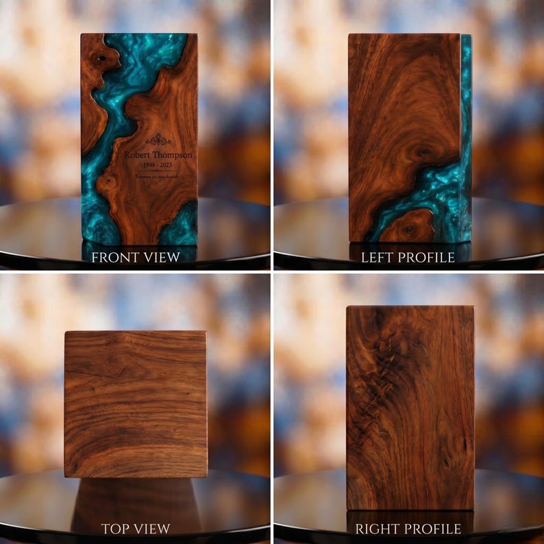 May include: A rectangular wooden urn featuring a vibrant turquoise resin inlay that mimics a flowing river. The front face is engraved with the text Robert Thompson 1948-2023. The piece is shown from four angles including front, left, top, and right.