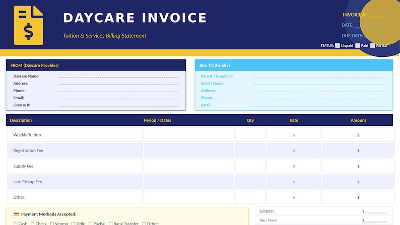 Daycare Invoice Editable | Tuition Receipt | Childcare Billing ...