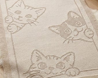 Strickmuster für eine Decke mit drei kleinen Kätzchen | Niedliches Katzenmotiv | Nur rechte und linke Maschen (PDF)