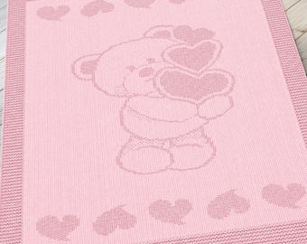 Strickmuster für eine Babydecke – Teddybär mit Herzen | Strukturmuster | Anfängerfreundlich | PDF-Download