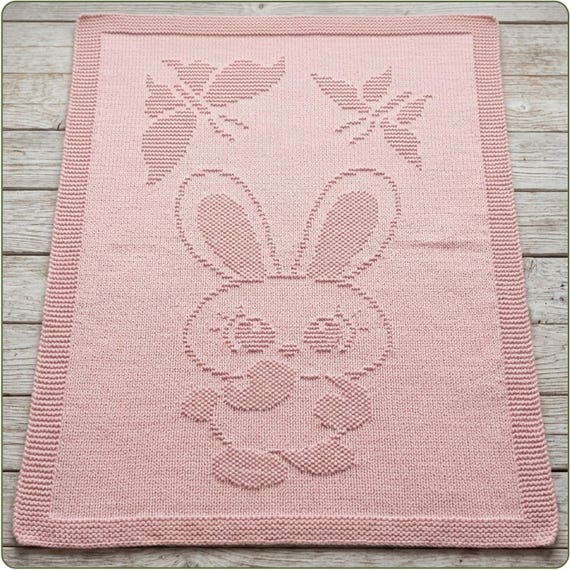 Bunny Baby Blanket Knitting Pattern PDF | Rabbit with Butterflies | Beginner Easy