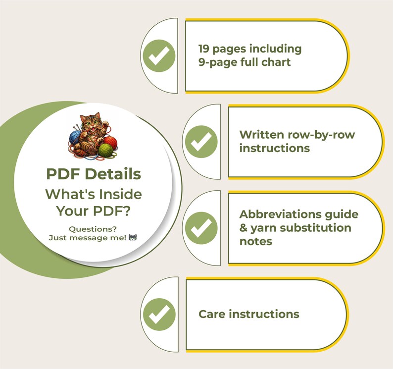 May include: A digital PDF details graphic featuring a cat illustration with yarn. The PDF includes 19 pages, a 9-page chart, row-by-row instructions, an abbreviations guide, yarn substitution notes, and care instructions.