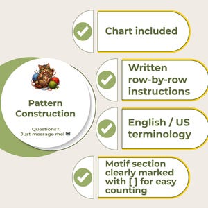 May include: An image promoting a pattern, featuring text and illustrations. The text includes "Pattern Construction", "Chart included", "Written row-by-row instructions", "English / US terminology", and "Motif section clearly marked with [] for easy counting". A cartoon cat is also featured.