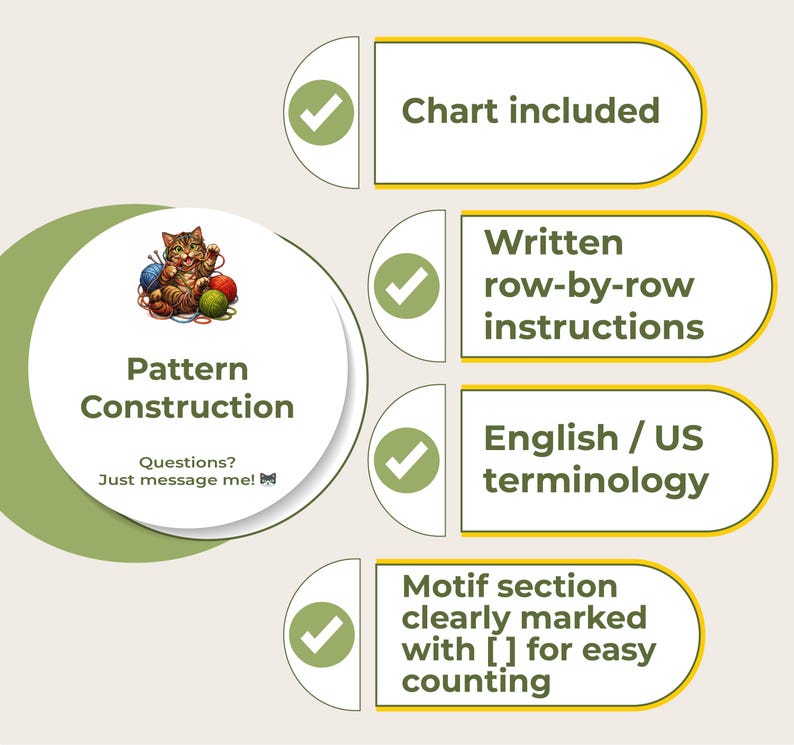 May include: An image promoting a pattern, featuring text and illustrations. The text includes "Pattern Construction", "Chart included", "Written row-by-row instructions", "English / US terminology", and "Motif section clearly marked with [] for easy counting". A cartoon cat is also featured.