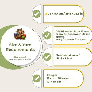 May include: A graphic detailing knitting project requirements. It features a cat illustration, dimensions of 75 x 90 cm, yarn specifications, needle size UK 8, and gauge details.