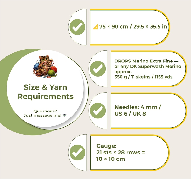 May include: A graphic detailing knitting project requirements. It features a cat illustration, dimensions of 75 x 90 cm, yarn specifications, needle size UK 8, and gauge details.