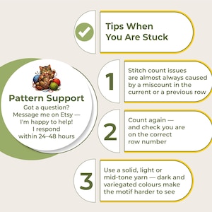 May include: An image with crochet tips. The graphic features a cat with yarn, the words "Pattern Support," and instructions for resolving stitch count problems. The tips are numbered and presented in a clear, easy-to-read format.
