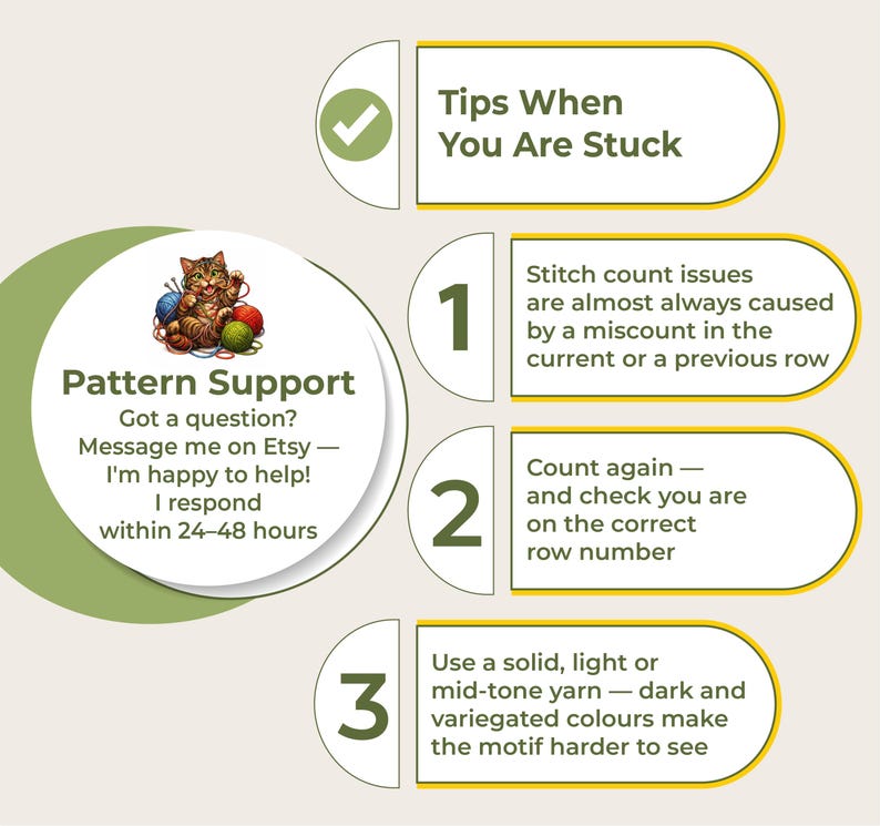 May include: An image with crochet tips. The graphic features a cat with yarn, the words "Pattern Support," and instructions for resolving stitch count problems. The tips are numbered and presented in a clear, easy-to-read format.
