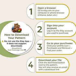 May include: A guide on downloading patterns from Etsy, with a cat graphic and numbered steps. Instructions include opening a browser, signing in, going to purchases, and downloading the file. The text advises against using the Etsy App for downloads.