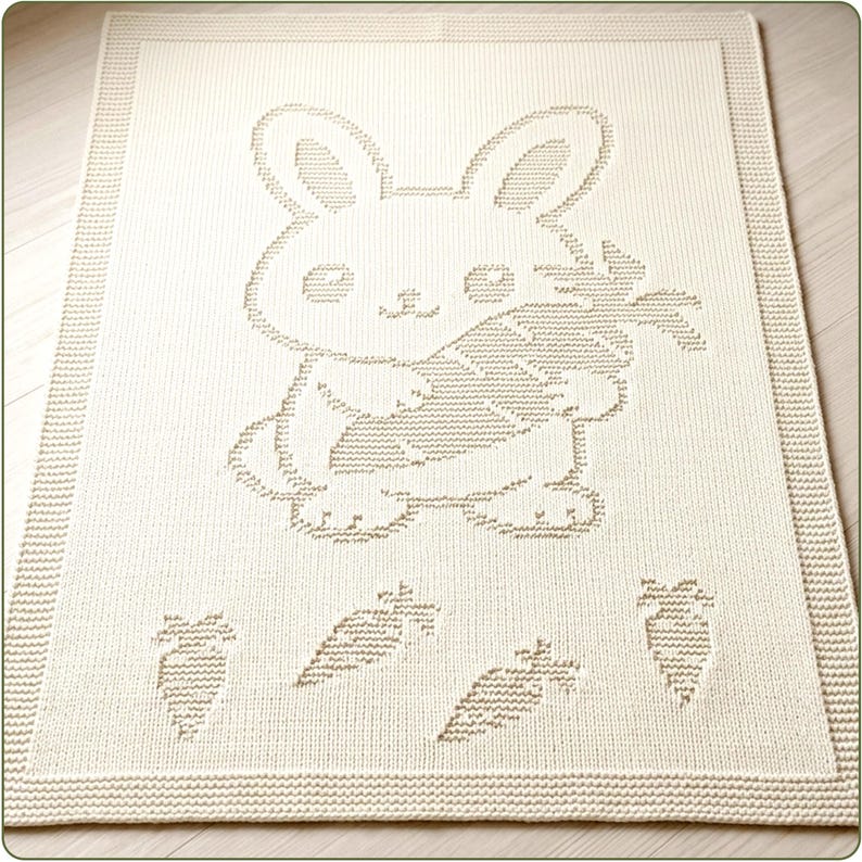 K&ouml;nnte beinhalten: Eine rechteckige, cremefarbene Strickdecke mit einem strukturierten Design eines Hasen, der eine gro&szlig;e Karotte h&auml;lt. Der Hase ist mittig platziert, darunter befinden sich vier kleinere Karottenmotive in einer horizontalen Reihe. Breiter Rand.