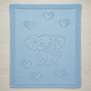 May include: A light blue knitted blanket featuring a central elephant motif and five surrounding heart shapes. The blanket has a textured garter stitch border framing the smooth stockinette stitch center where the elephant and hearts are depicted.