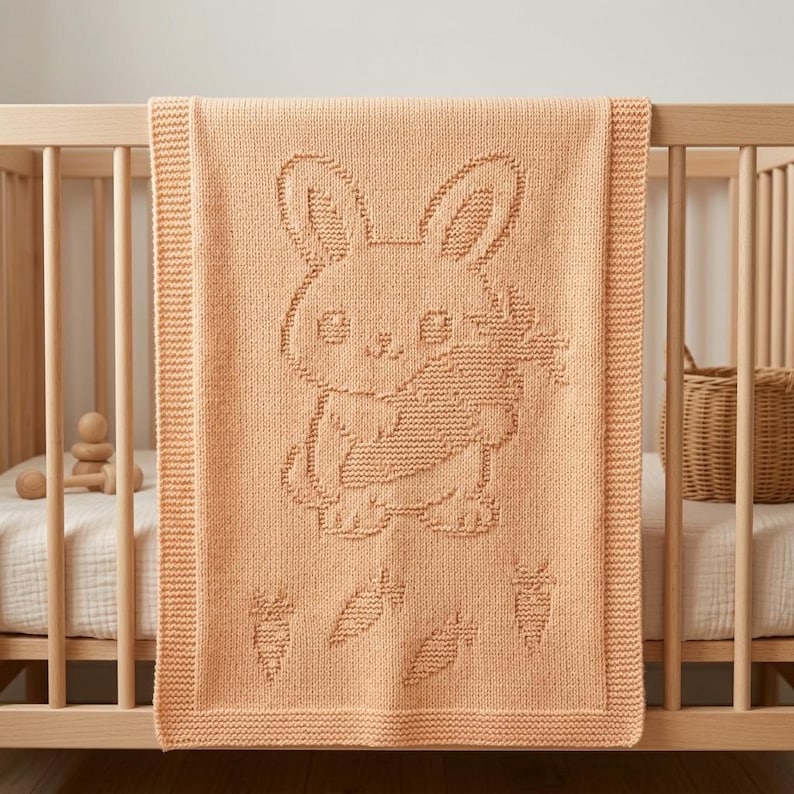 K&ouml;nnte beinhalten: Eine pfirsichfarbene Strickdecke mit einem strukturierten, erhabenen Design eines Hasen, der eine Karotte h&auml;lt. Die Decke hat einen gerippten Rand und enth&auml;lt kleinere Karottenmotive, die unter der zentralen Hasenabbildung eingestrickt sind.