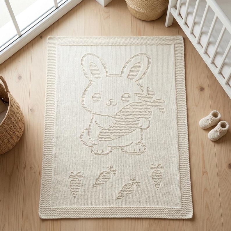 K&ouml;nnte beinhalten: Eine rechteckige, cremefarbene Strickdecke mit einem strukturierten, erhabenen Muster eines Hasen, der eine gro&szlig;e Karotte in der Mitte h&auml;lt. Der Rand der Decke hat ein Rippstrickmuster und vier kleinere Karottenmotive sind unterhalb des Hasen angeordnet.