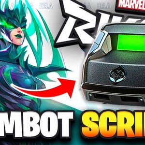 May include: A black gaming device with a green screen is shown, alongside the text "AIMBOT SCRIPT" in yellow and white. The image also includes a comic-style illustration of a character with green and blue tones.