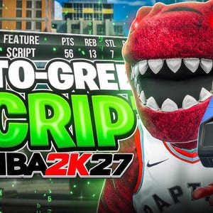 Puede incluir: Un gráfico digital que muestra una mascota de dinosaurio roja con una camiseta de baloncesto blanca junto a un dispositivo electrónico negro etiquetado como Zen. El texto dice AUTO-GREEN SCRIPT NBA 2K23 con estadísticas y logotipos de PlayStation y Xbox.