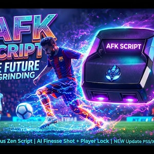 Op de afbeelding: Een afbeelding met de tekst "AFK SCRIPT THE FUTURE OF GRINDING" en een zwart apparaat met de tekst "AFK SCRIPT". Een voetballer schopt een bal, tegen een achtergrond van paarse en blauwe energie.