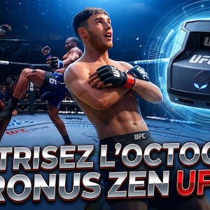 May include: A black Cronus Zen device with the text UFC and UFC 6 printed on it, displayed against a digital background featuring a mixed martial arts fight in an octagon, with the text MAÎTRISEZ L'OCTOGONE CRONUS ZEN UFC 6 overlaid at the bottom.