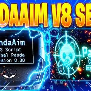 Pode incluir: Um dispositivo eletrônico preto com uma tela exibindo PandaAim FPS Script Lethal Panda Version 8.00, ao lado de um gráfico digital mostrando um logotipo de panda dentro de uma mira com o texto PandaAim Cronus Zen Loading, cercado por raios azuis.