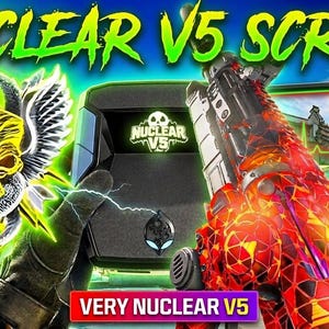 Op de afbeelding: Een digitale afbeelding met de tekst NUCLEAR V5 SCRIPT en VERY NUCLEAR V5. De afbeelding toont een gestileerd geel schedelembleem met vleugels, een zwart rechthoekig apparaat met een oplichtend logo en een rood geometrisch vuurwapen.