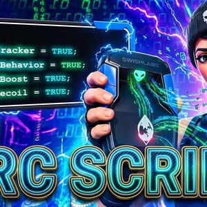 May include: A digital graphic featuring a character in a black beanie holding a black device with a glowing green alien logo. The text ARC SCRIPT appears in large blue letters. A code block displays: // MODS, int AutoTracker = TRUE, int HumanBehavior = TRUE, int GhostBoost = TRUE, int AntiRecoil = TRUE.