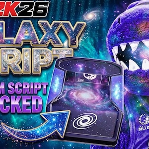 Könnte beinhalten: Ein Bild zur Werbung für NBA2K26 mit Galaxiethema. Der Text lautet "GALAXY SCRIPT" und "PREMIUM SCRIPT UNLOCKED". Eine lila dinosaurierartige Figur mit einem galaxiengefüllten Mund ist vorhanden. Ein Gerät mit Galaxiedesign ist ebenfalls abgebildet.