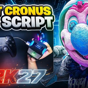 以下が含まれることがあります： 黒いゲームコントローラーがケーブルで黒いCronus Zenデバイスに接続されており、青いLEDアクセントが付いています。画像には「BEST CRONUS ZEN SCRIPT」と「2K27」というテキストがあり、ピンクの頭と青い嘴を持つマスコットキャラクターが描かれています。