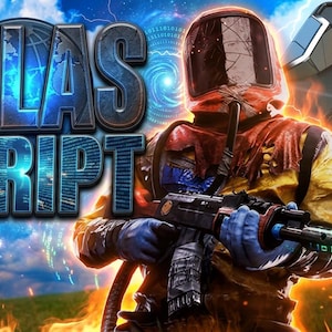 Può includere: Immagine di arte digitale con il testo "ATLAS SCRIPT" in blu metallizzato con effetto fulmine. Una figura in tuta protettiva tiene un fucile, con un logo "RUST" e codice binario sullo sfondo.