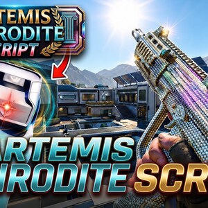 May include: A first-person view of a diamond-encrusted submachine gun held in a hand, featuring a shimmering, multi-colored finish. The image includes the text ARTEMIS APHRODITE SCRIPT displayed prominently in a bold, metallic, blue and gold font.