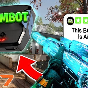 Peut inclure: Un appareil noir et gris avec le mot "AIMBOT" en vert. Une arme bleue lumineuse est tenue au premier plan. Une boîte blanche avec le texte "This BO7 Script Is Aimbot!" est également visible.