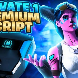 Könnte beinhalten: Eine digitale Grafik mit dem Text PRIVATE 1 PREMIUM SCRIPT in Blau und Gold. Ein schwarzes elektronisches Gerät mit einem leuchtend blauen Schloss-Symbol und dem Text PRIVATE 1 ist neben einer Figur mit rosa Haut, blauem Haar und weißem Shirt abgebildet.