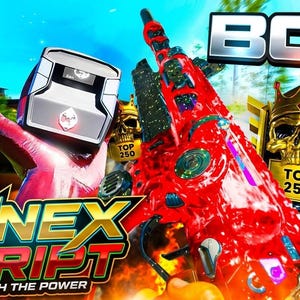 Pode incluir: Uma vibrante obra de arte digital com uma arma vermelha e verde com detalhes intrincados. A imagem inclui o texto "BO7" e "SYNEX SCRIPT UNLEASH THE POWER". Emblemas de caveira dourada com coroas e banners "TOP 250" também estão presentes.