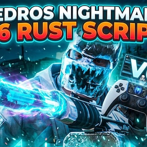 Pode incluir: Imagem com o texto "PEDROS NIGHTMARE V6 RUST SCRIPT". Uma pessoa usando uma máscara azul e branca está segurando uma arma com efeitos de energia azul. Um controle de jogo branco e preto também é visível.