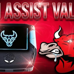 May include: A black electronic device with a screen displaying a glowing blue bull icon, positioned next to a red and white bull illustration. The text AIM ASSIST VALUES is printed in large, bold, red and white letters across the top of the image.