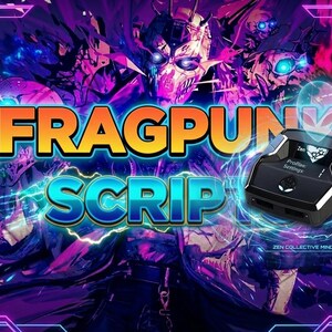 Op de afbeelding: Digitale kunstafbeelding met een futuristisch thema. De woorden "FRAGPUNK SCRIP" staan in het midden, met een zwart apparaat aan de rechterkant. De achtergrond heeft een paars en blauw kleurenschema met abstracte figuren en tekst.