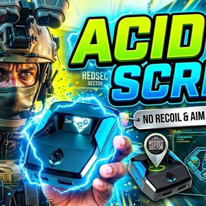 Könnte beinhalten: Eine digitale Grafik mit einem Soldaten in taktischer Ausrüstung, der ein schwarzes elektronisches Gerät hält, auf dem ACID v3 SCRIPT, NO RECOIL & AIM ASSIST v2.0, REDSEC SECTOR und Zen steht. Das Bild enthält eine Kartenüberlagerung und blaue Blitze.