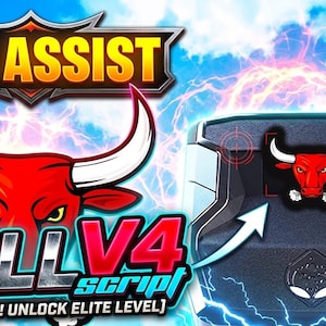 May include: Image features a gaming accessory with the text "AIM ASSIST" and "BULL V4 script". The design includes a red bull graphic and a futuristic interface, set against a backdrop of electric blue lightning.