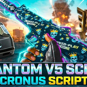 May include: A promotional image featuring a black and blue patterned gun with skull and crown designs. The image also includes a black device with a green screen, a gold skull emblem with the number 250, and the text "PHANTOM V5 SCRIPT CRONUS SCRIPT."