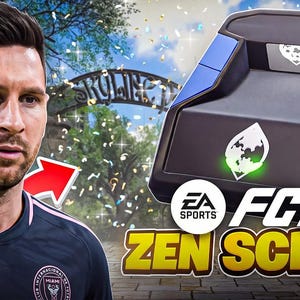 Op de afbeelding: Een zwarte en blauwe gaming controller adapter met een oplichtend wit bladvormig logo en een klein scherm met het woord Zen. Het apparaat is gelabeld met de tekst EA SPORTS FC27 ZEN SCRIPT en heeft een opvallende oranje NEW! badge.