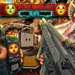 Op de afbeelding: Een first-person shooter videogame scène met een futuristische esthetiek. De afbeelding toont een geweer, een radio en een apparaat met een nucleair symbool. De tekst "NUKE INBOUND" en een timer worden bovenaan weergegeven.