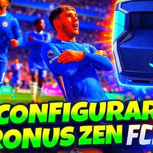 May include: A blue Cronus Zen device with a central logo sits above a soccer player in a blue uniform on a field. The text CONFIGURAR CRONUS ZEN FC26 is displayed in large green and white letters at the bottom of the image with a vibrant light effect.