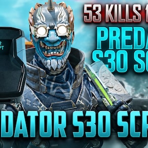 Può includere: Un dispositivo elettronico nero con un piccolo schermo che mostra il testo PREDATOR S30 SCRIPT, posizionato accanto a un personaggio digitale che indossa una maschera oni blu con occhi bianchi luminosi. L'immagine include il testo 53 KILLS 14K DMG PREDATOR S30 SCRIPT.