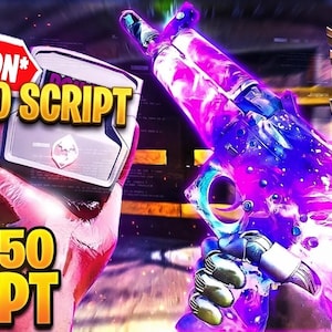 May include: A digital graphic featuring a vibrant purple and blue energy-themed firearm, two gold skull-crowned emblems with the number 250, and bold yellow text that reads #1 *LOCK ON* TOP 250 SCRIPT, set against a dark, high-contrast background.